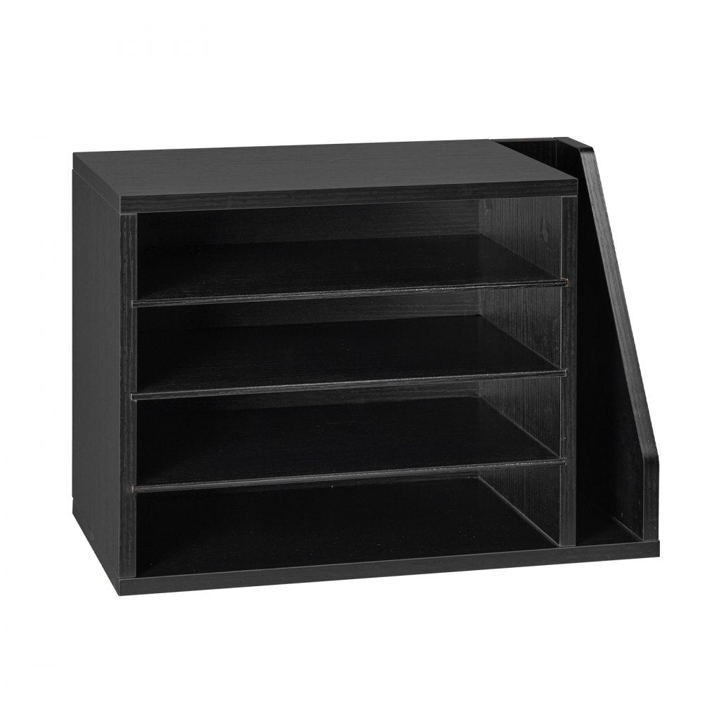 VEVOR Literature Organizer, 4 Compartments Office Mailbox with Detachable Shelves, Wooden Mailbox Sorter with Side Vertical Storage, Countertop Office Home Organizer for File, Document, Paper, Black