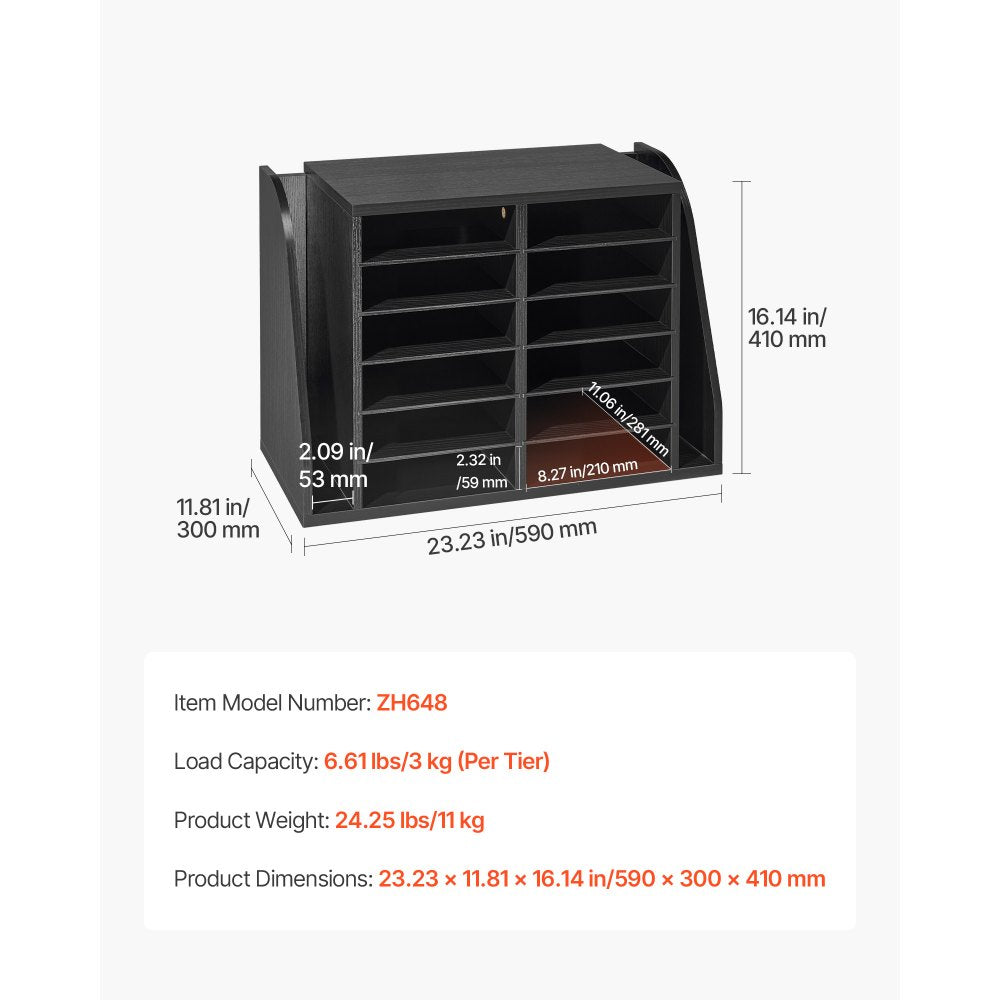 VEVOR Literature Organizer, 12 Compartments Office Mailbox with Side Vertical Storage, Wooden Mailbox Sorter Made of Particle Board, Countertop Office Home  Organizer for File, Document, Paper, Black