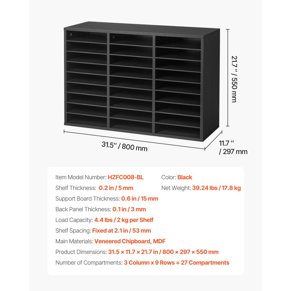 VEVOR Literature Organizer, 27 Compartments Office Mailbox with Removable Shelves, Wooden Mailbox Sorter Particle Board Office Home Classroom Storage, File Sorter for Files, Documents, Papers, Black