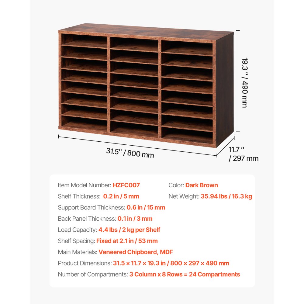 VEVOR Literature Organizer, 24 Compartments Office Mailbox with Removable Shelves, Wooden Mailbox Sorter Particle Board Office Home Classroom Storage, File Sorter for Documents, Papers, Dark Brown