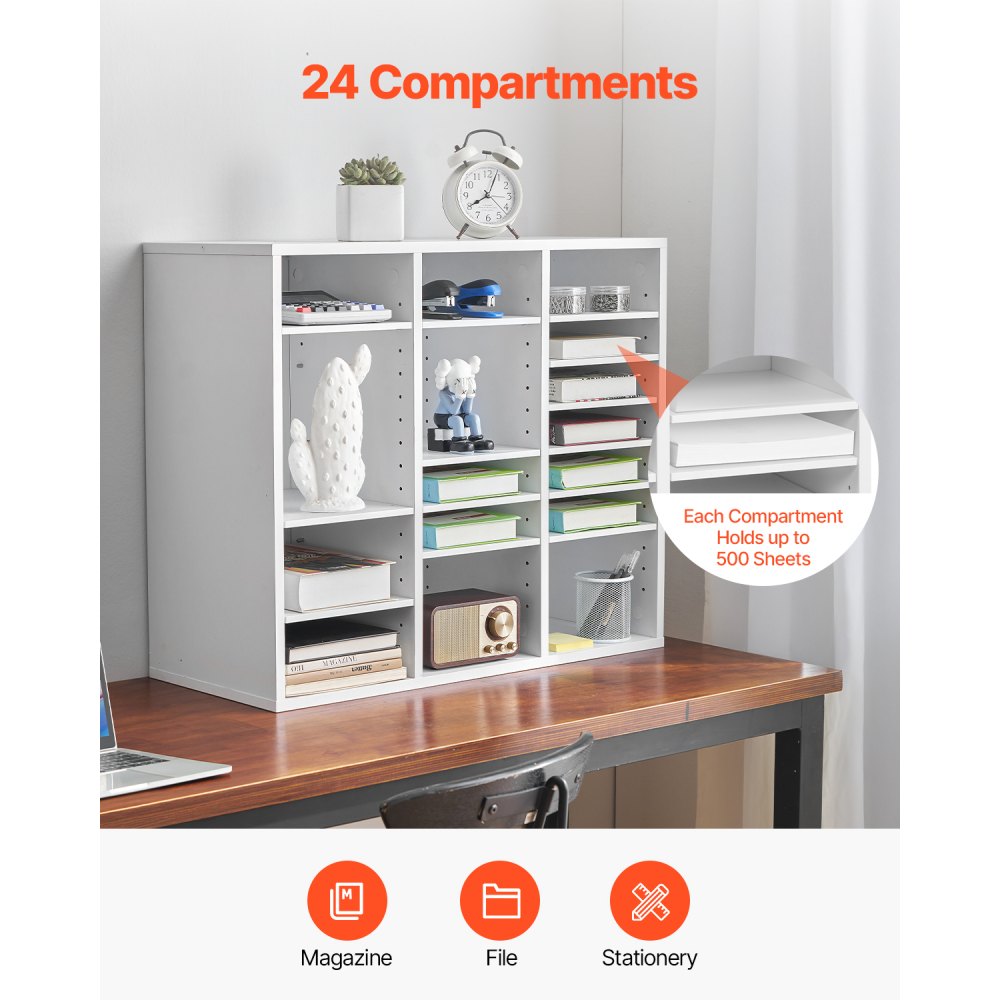 VEVOR Literature Organizer, 24 Compartments Office Mailbox with Adjustable Shelves, Wooden Mailbox Sorter Medium Density Fiberboard Office Home Classroom Storage for Files, Documents, Papers, White