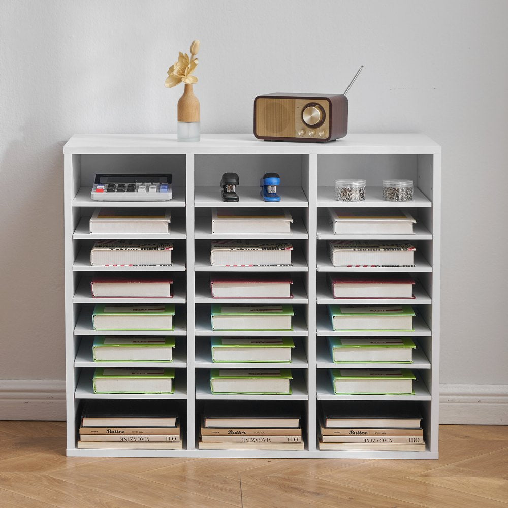 VEVOR Literature Organizer, 24 Compartments Office Mailbox with Adjustable Shelves, Wooden Mailbox Sorter Medium Density Fiberboard Office Home Classroom Storage for Files, Documents, Papers, White
