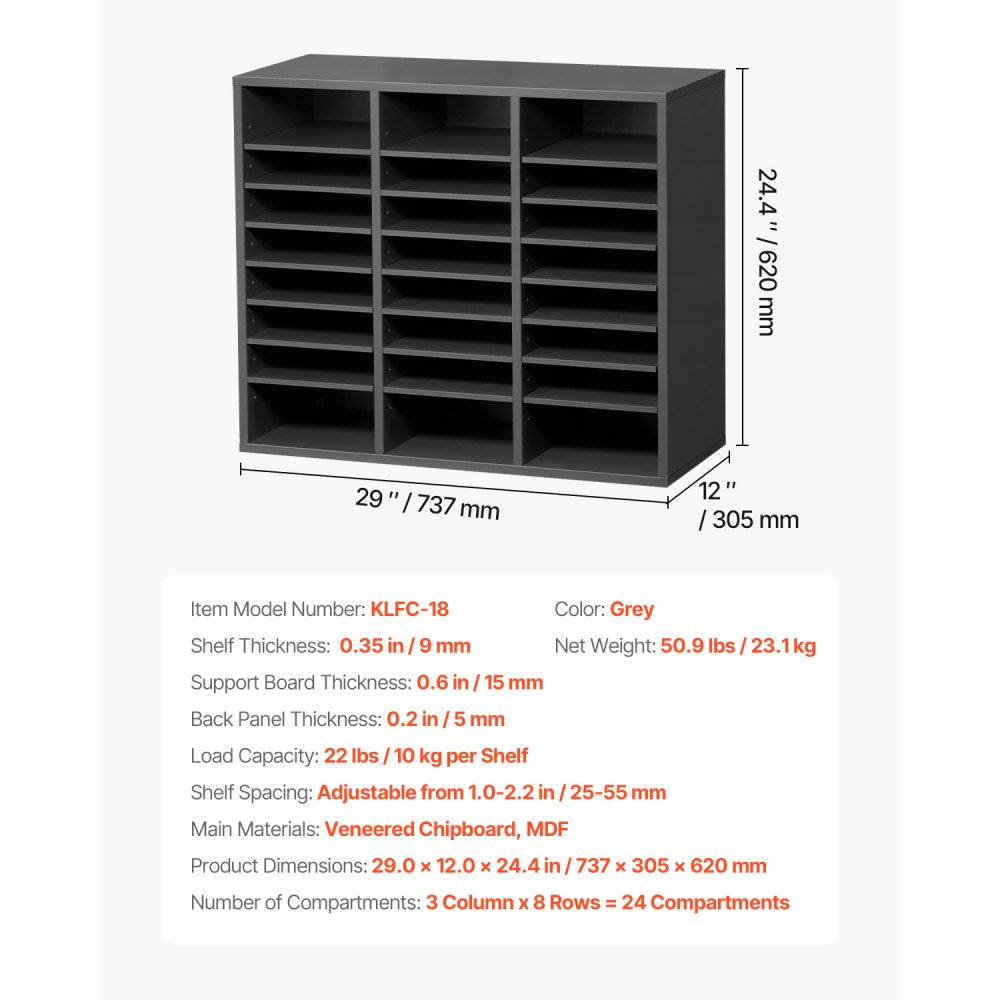 VEVOR Literature Organizer, 24 Compartments Office Mailbox with Adjustable Shelves, Wooden Mailbox Sorter Medium Density Fiberboard Office Home Classroom Storage for Files, Documents, Papers, Grey