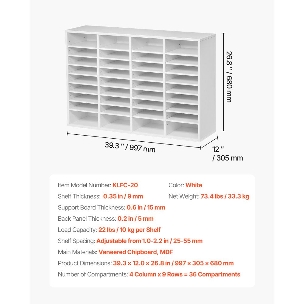VEVOR Literature Organizer, 36 Compartments Office Mailbox with Adjustable Shelves, Wooden Mailbox Sorter Medium Density Fiberboard Office Home Classroom Storage for Files, Documents, Papers, White