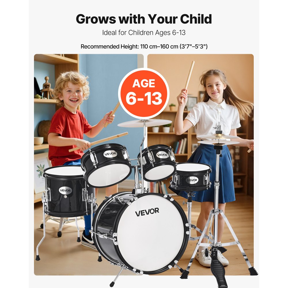 VEVOR Kids Drum Set, 5-Piece 14 in Junior Drum Sets, Beginner Drums Set with Adjustable Throne, Cymbal & Two Pairs of Drumsticks, Musical Learning Drums Instruments Kit, for Children Ages 6-13(Black)