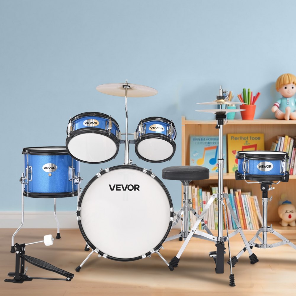 VEVOR Kids Drum Set, 5-Piece 14 in Junior Drum Sets, Beginner Drums Set with Adjustable Throne, Cymbal & Two Pairs of Drumsticks, Musical Learning Drums Instruments Kit, for Children Ages 6-13 (Blue)