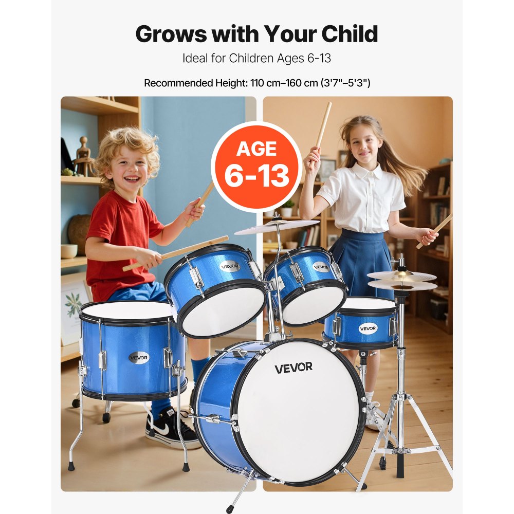 VEVOR Kids Drum Set, 5-Piece 16 in Junior Drum Sets, Beginner Drums Set with Adjustable Throne, Cymbal & Two Pairs of Drumsticks, Musical Learning Drums Instruments Kit, for Children Ages 6-13 (Blue)