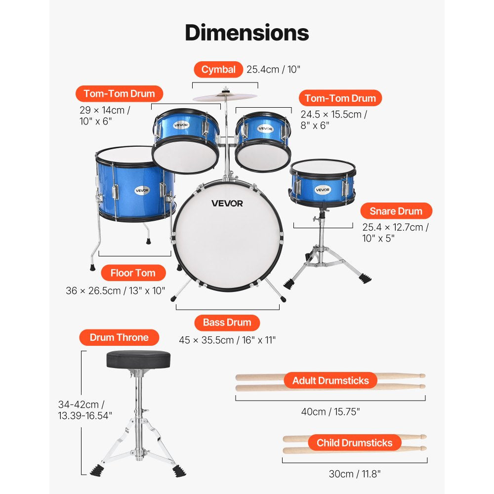 VEVOR Kids Drum Set, 5-Piece 16 in Junior Drum Sets, Beginner Drums Set with Adjustable Throne, Cymbal & Two Pairs of Drumsticks, Musical Learning Drums Instruments Kit, for Children Ages 6-13 (Blue)