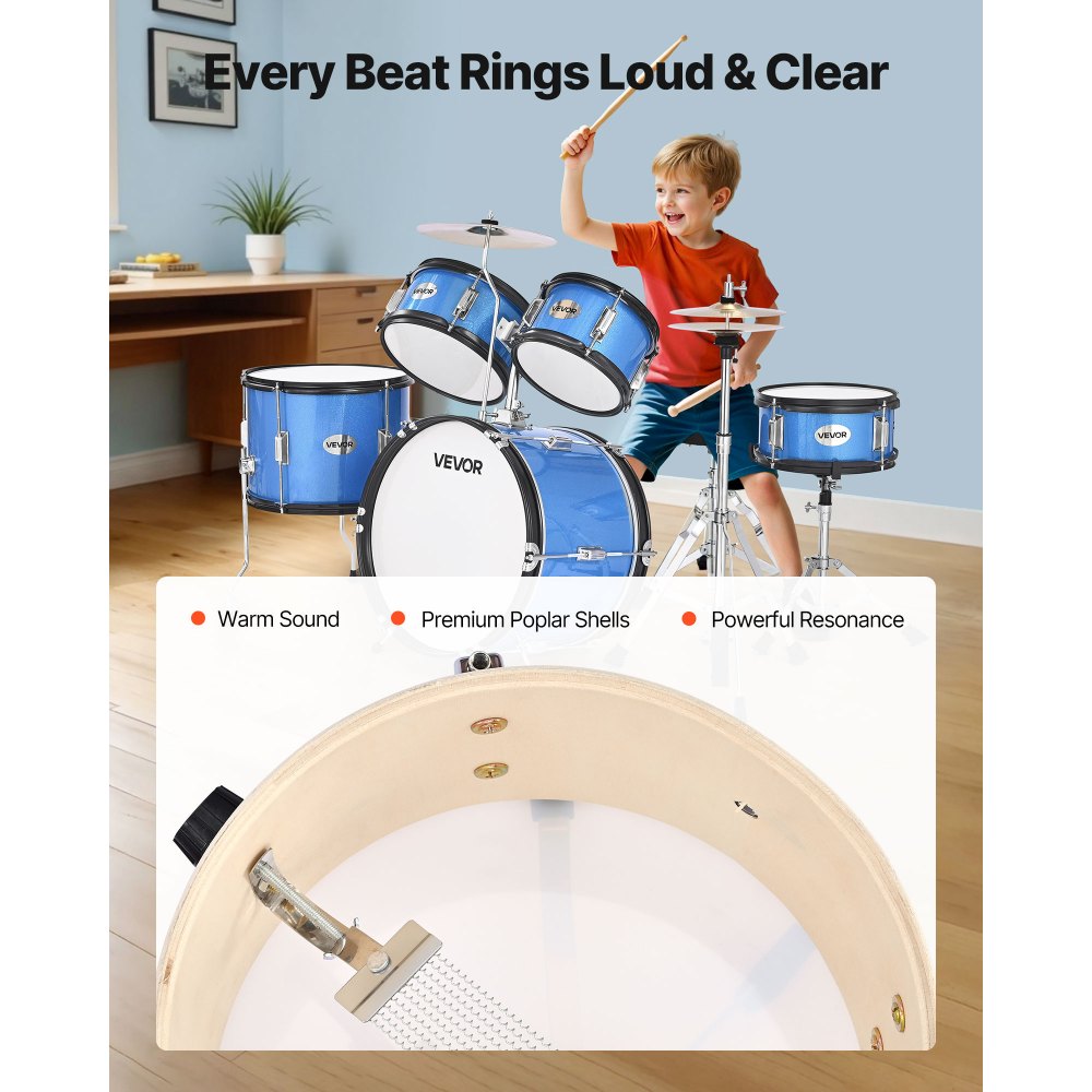 VEVOR Kids Drum Set, 5-Piece 16 in Junior Drum Sets, Beginner Drums Set with Adjustable Throne, Cymbal & Two Pairs of Drumsticks, Musical Learning Drums Instruments Kit, for Children Ages 6-13 (Blue)