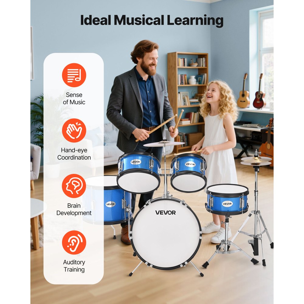 VEVOR Kids Drum Set, 5-Piece 16 in Junior Drum Sets, Beginner Drums Set with Adjustable Throne, Cymbal & Two Pairs of Drumsticks, Musical Learning Drums Instruments Kit, for Children Ages 6-13 (Blue)