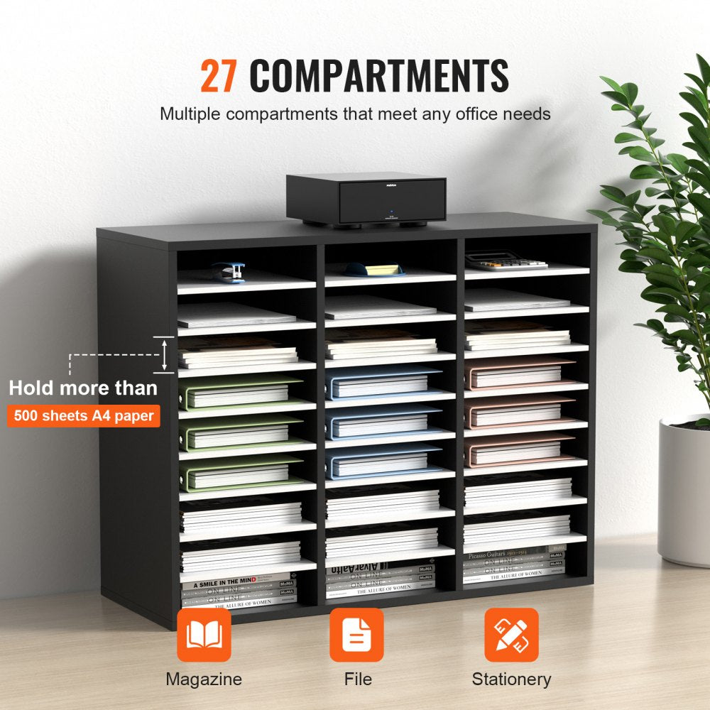 VEVOR 27 Compartments Wood Literature Organizer, Adjustable Shelves, Medium Density Fiberboard Mail Center, Office Home School Storage for Files, Documents, Papers, Magazines, Black+White