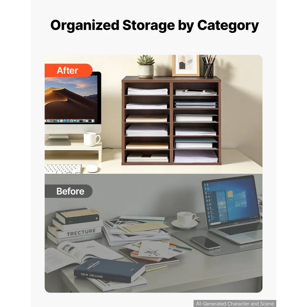 VEVOR Wood Literature Organizer 12 Compartments Office Mailboxes Brown, Countertop Literature Sorter for Files Documents Papers, with Adjustable Shelves, for Office, Home, Classroom Organization