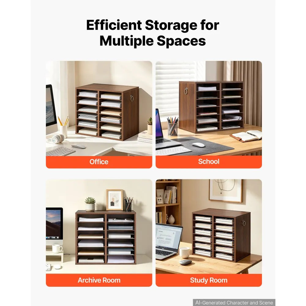 VEVOR Wood Literature Organizer 12 Compartments Office Mailboxes Brown, Countertop Literature Sorter for Files Documents Papers, with Adjustable Shelves, for Office, Home, Classroom Organization