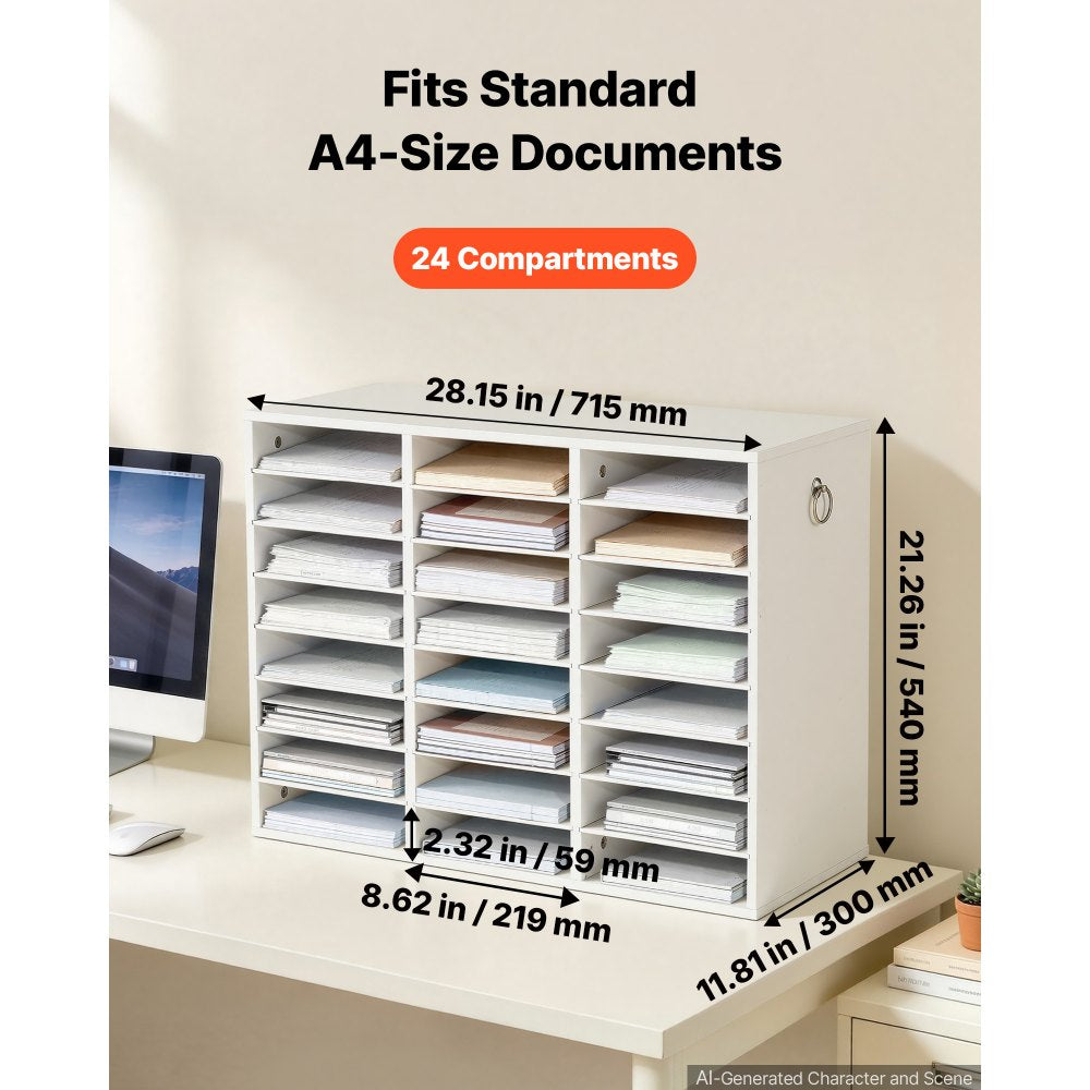 VEVOR Wood Literature Organizer 24 Compartments Office Mailboxes White, Countertop Literature Sorter for Files Documents Papers, with Adjustable Shelves, for Office, Home, Classroom Organization