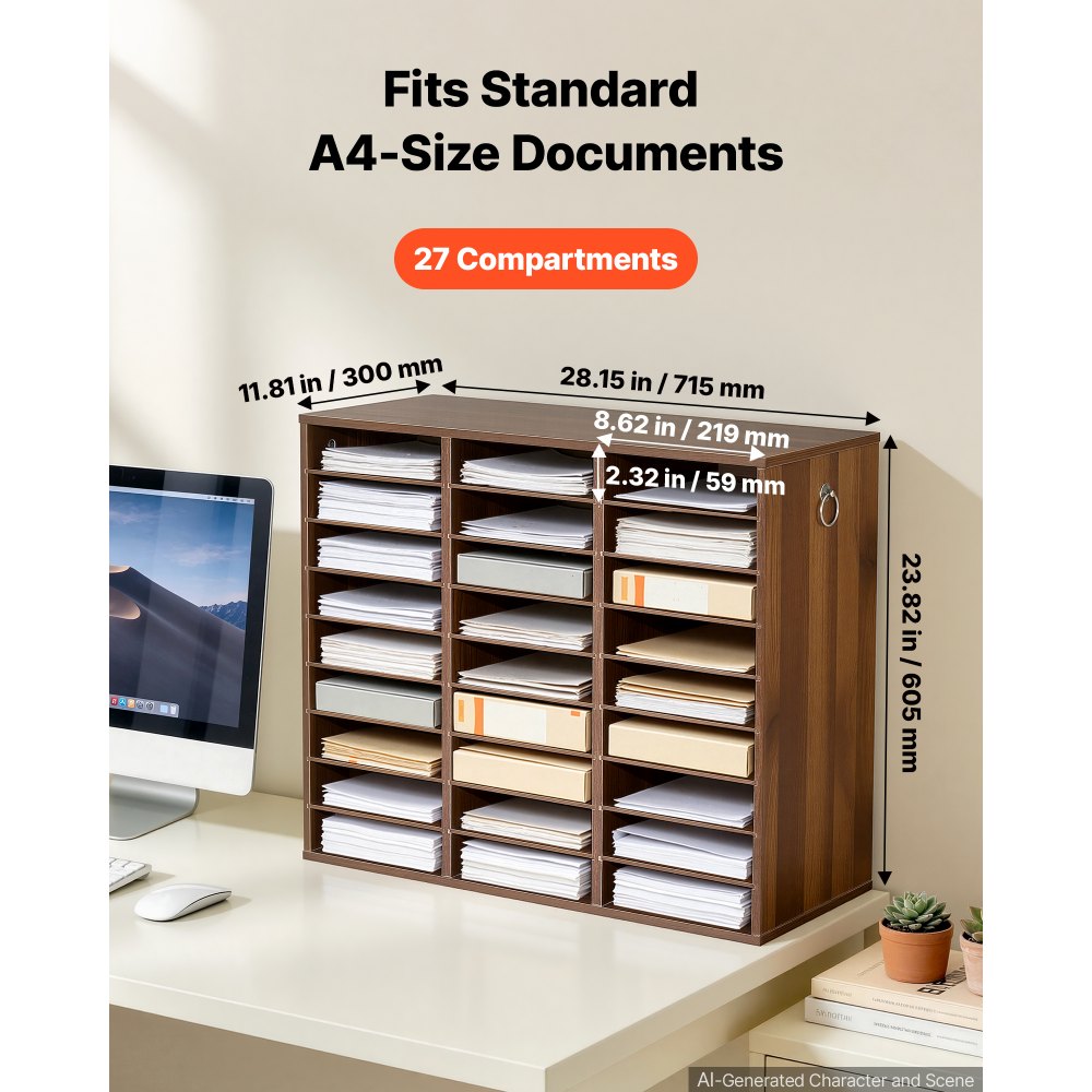 VEVOR Wood Literature Organizer 27 Compartments Office Mailboxes Brown, Countertop Literature Sorter for Files Documents Papers, with Adjustable Shelves, for Office, Home, Classroom Organization