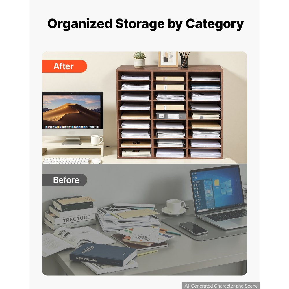 VEVOR Wood Literature Organizer 27 Compartments Office Mailboxes Brown, Countertop Literature Sorter for Files Documents Papers, with Adjustable Shelves, for Office, Home, Classroom Organization