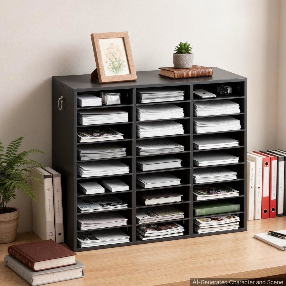 VEVOR Wood Literature Organizer 27 Compartments Office Mailboxes Black, Countertop Literature Sorter for Files Documents Papers, with Adjustable Shelves, for Office, Home, Classroom Organization