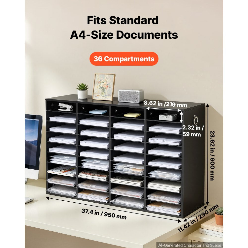 VEVOR Wood Literature Organizer 36 Compartments Office Mailboxes Black, Countertop Literature Sorter for Files Documents Papers, with Adjustable Shelves, for Office, Home, Classroom Organization