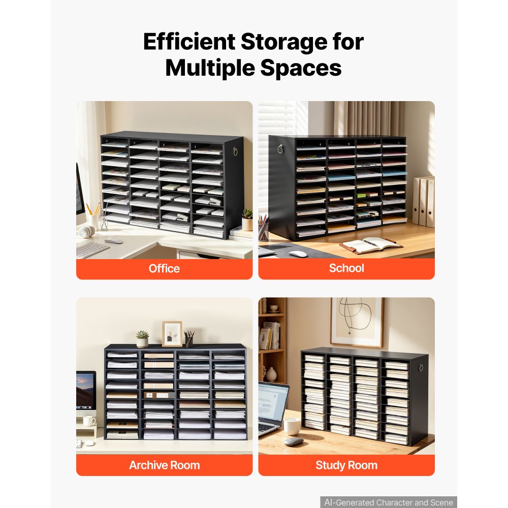 VEVOR Wood Literature Organizer 36 Compartments Office Mailboxes Black, Countertop Literature Sorter for Files Documents Papers, with Adjustable Shelves, for Office, Home, Classroom Organization
