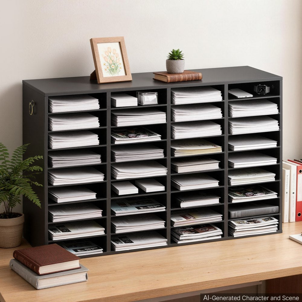 VEVOR Wood Literature Organizer 36 Compartments Office Mailboxes Black, Countertop Literature Sorter for Files Documents Papers, with Adjustable Shelves, for Office, Home, Classroom Organization