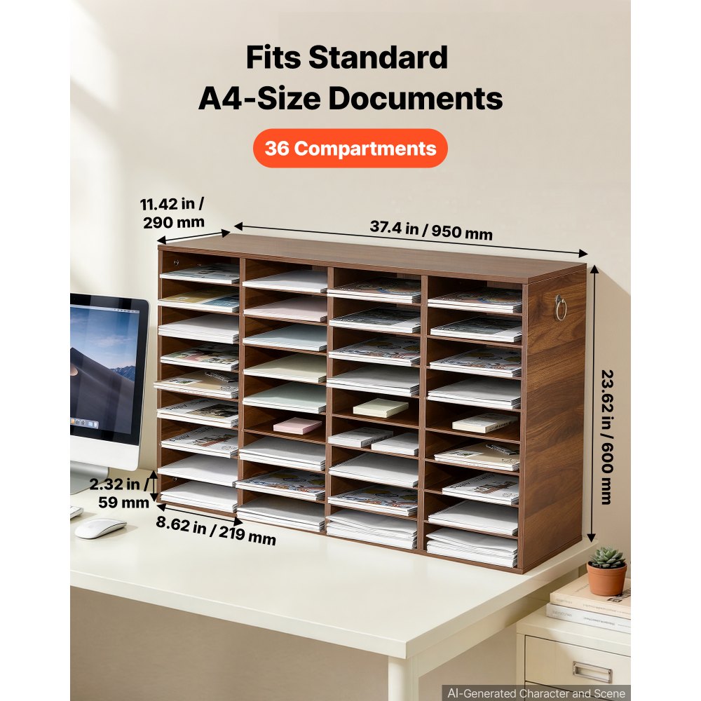 VEVOR Wood Literature Organizer 36 Compartments Office Mailboxes Brown, Countertop Literature Sorter for Files Documents Papers, with Adjustable Shelves, for Office, Home, Classroom Organization