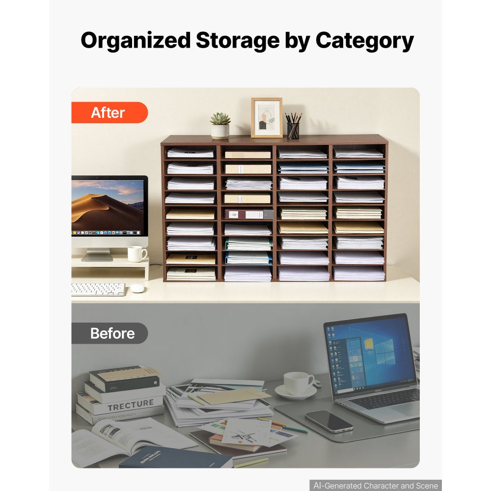 VEVOR Wood Literature Organizer 36 Compartments Office Mailboxes Brown, Countertop Literature Sorter for Files Documents Papers, with Adjustable Shelves, for Office, Home, Classroom Organization