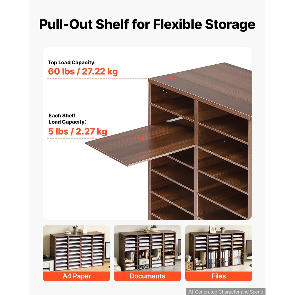 VEVOR Wood Literature Organizer 36 Compartments Office Mailboxes Brown, Countertop Literature Sorter for Files Documents Papers, with Adjustable Shelves, for Office, Home, Classroom Organization