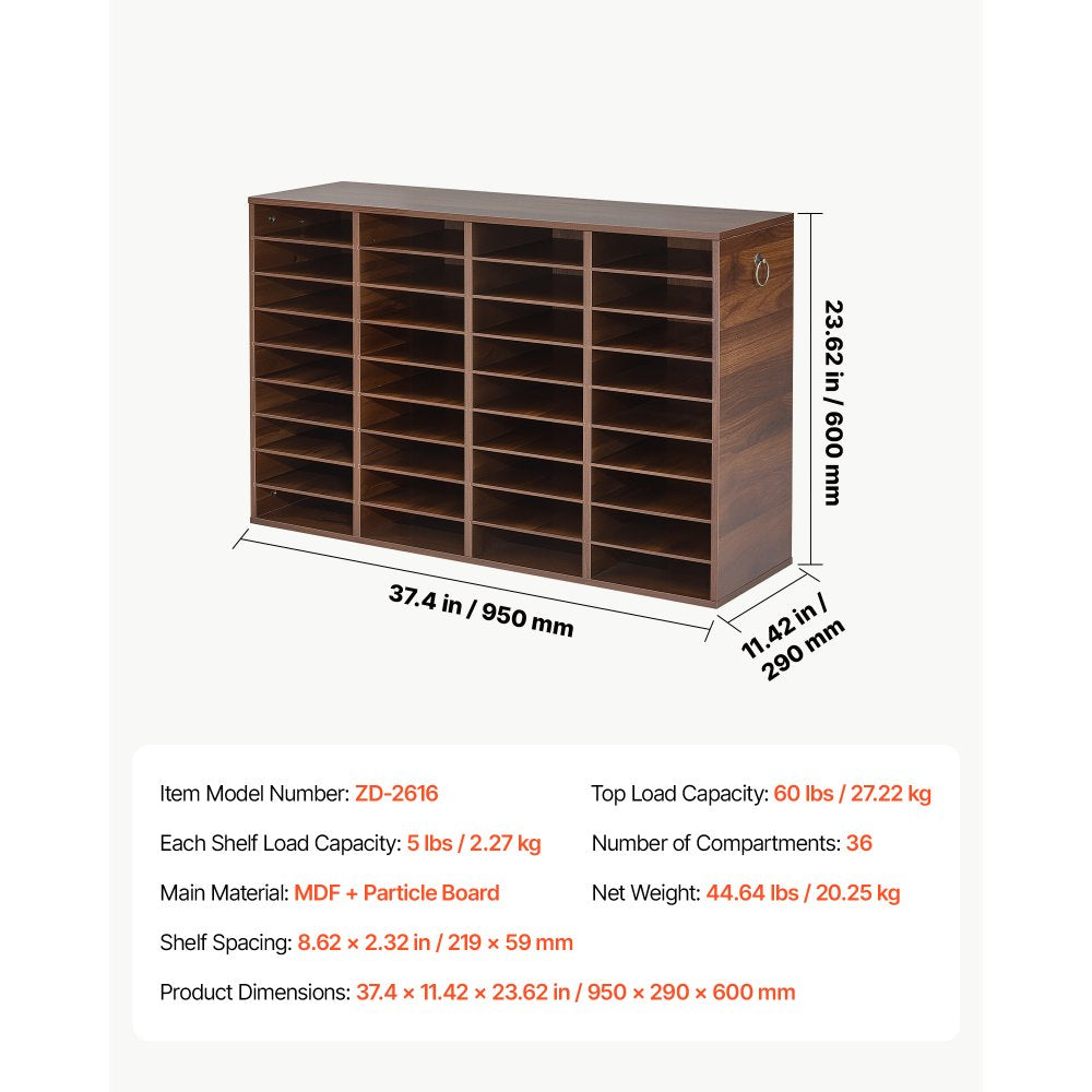 VEVOR Wood Literature Organizer 36 Compartments Office Mailboxes Brown, Countertop Literature Sorter for Files Documents Papers, with Adjustable Shelves, for Office, Home, Classroom Organization