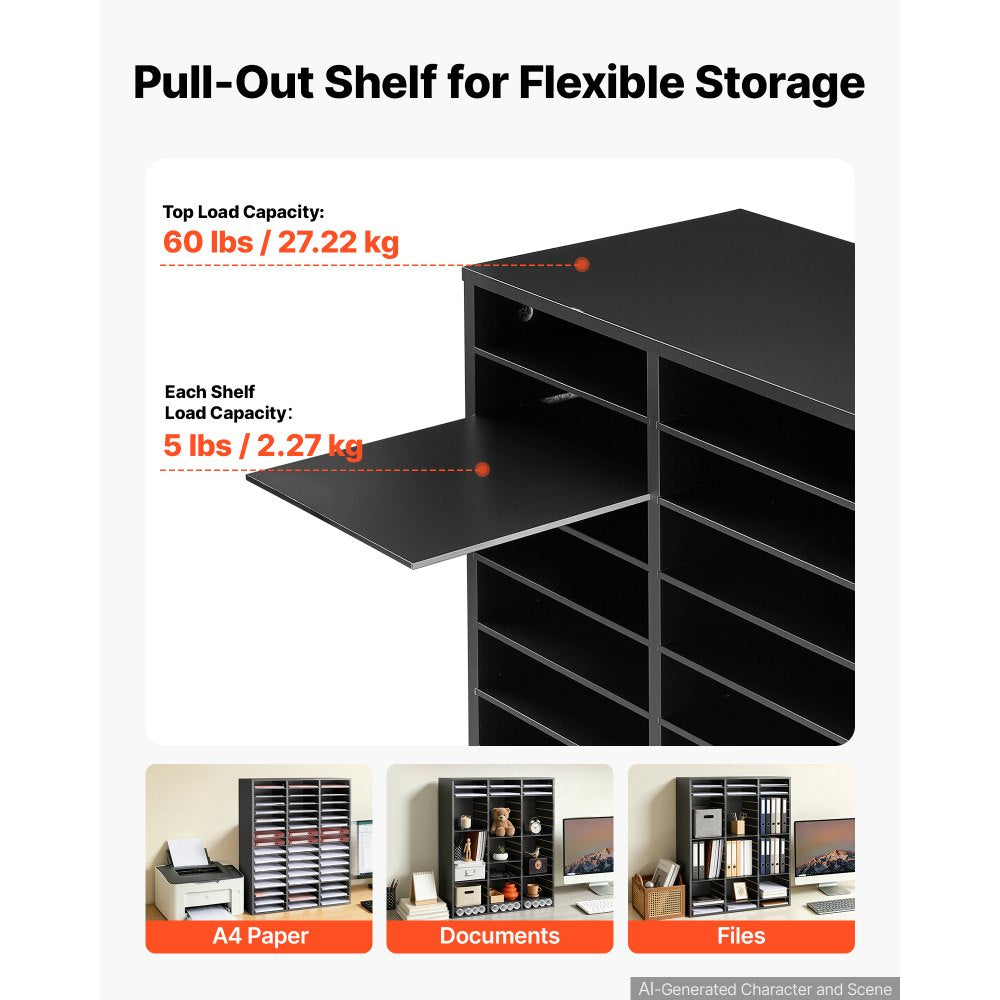 VEVOR Wood Literature Organizer 48 Compartments Office Mailboxes Black, Countertop Literature Sorter for Files Documents Papers, with Adjustable Shelves, for Office, Home, Classroom Organization