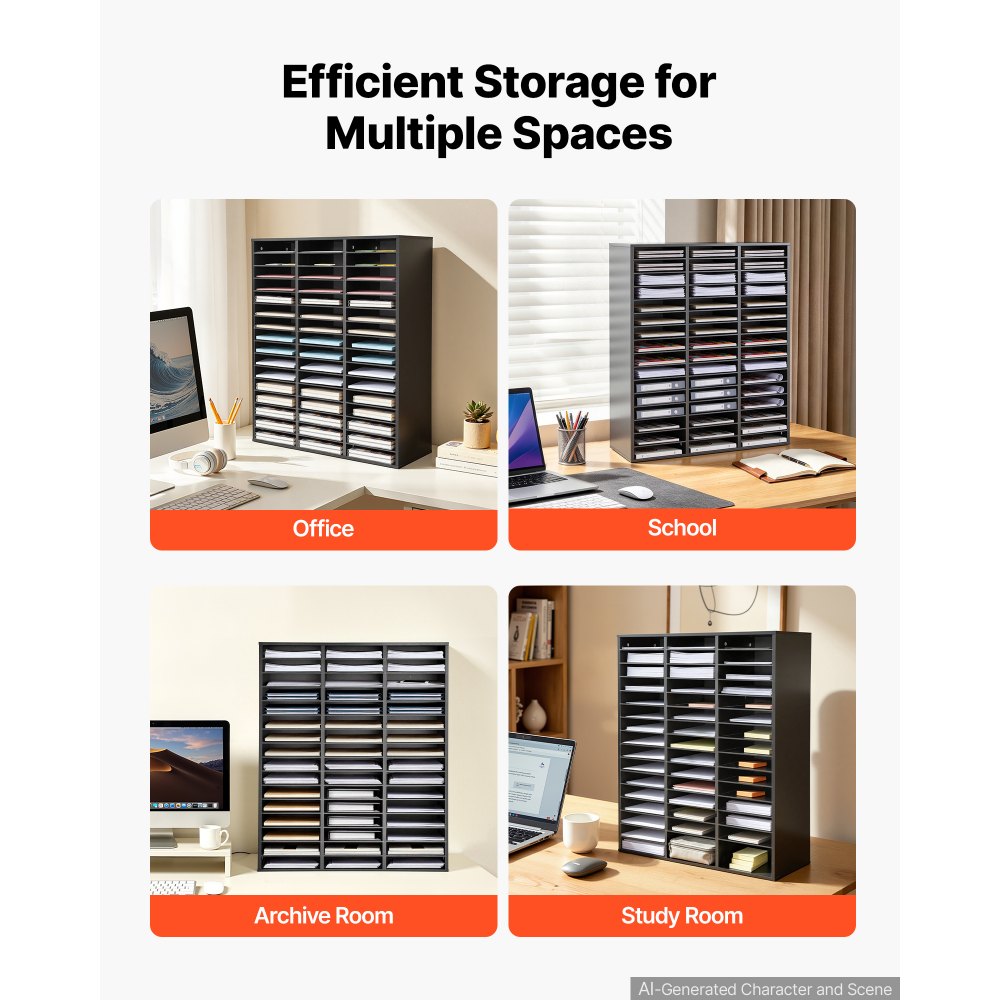 VEVOR Wood Literature Organizer 48 Compartments Office Mailboxes Black, Countertop Literature Sorter for Files Documents Papers, with Adjustable Shelves, for Office, Home, Classroom Organization