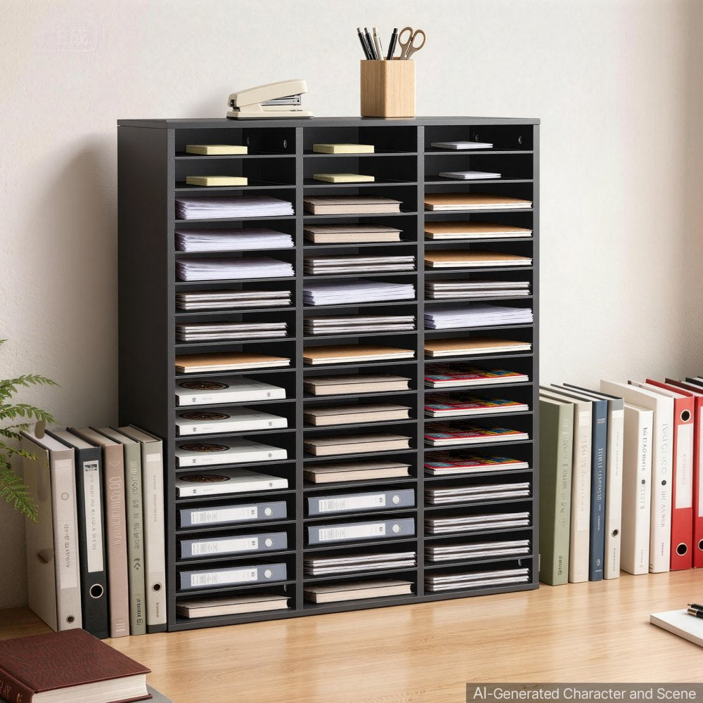 VEVOR Wood Literature Organizer 48 Compartments Office Mailboxes Black, Countertop Literature Sorter for Files Documents Papers, with Adjustable Shelves, for Office, Home, Classroom Organization