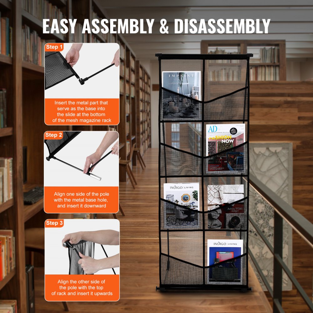 VEVOR Brochure Display Stand, 4-Tier 8 Pockets Mesh Literature Display Holder, Floor Standing Magazine Newspaper Catalog Rack, Lightweight & Portable with Carrying Bag for Shop Exhibitions Office