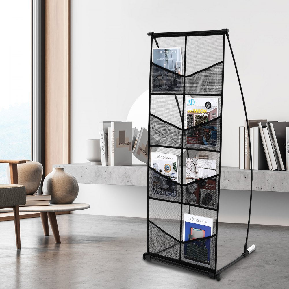 VEVOR Brochure Display Stand, 4-Tier 8 Pockets Mesh Literature Display Holder, Floor Standing Magazine Newspaper Catalog Rack, Lightweight & Portable with Carrying Bag for Shop Exhibitions Office