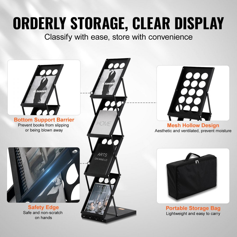 VEVOR Foldable Magazine Display Rack, 4-Tier Brochure Literature Display Stand, Portable Catalog Brochure Holder Stand with Carrying Bag for Office Trade Show Exhibitions, 4 Pockets