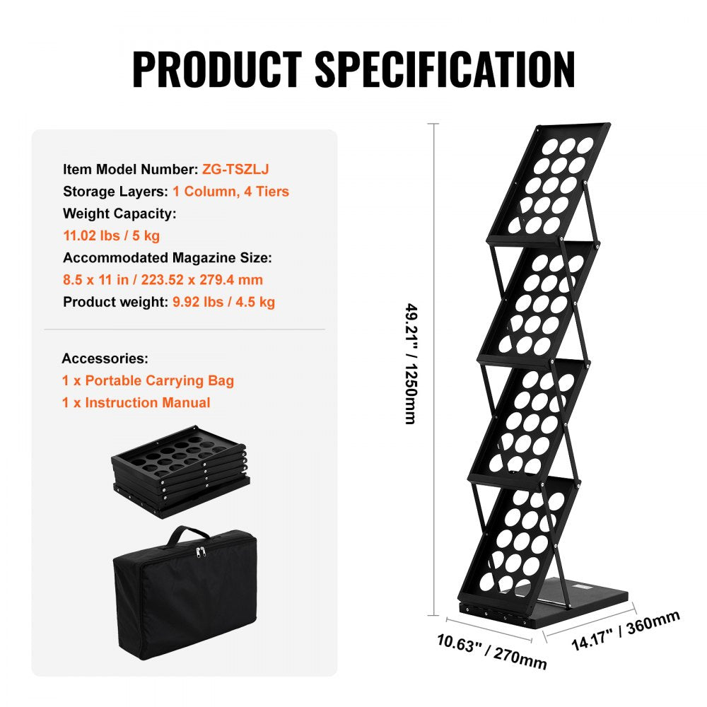 VEVOR Foldable Magazine Display Rack, 4-Tier Brochure Literature Display Stand, Portable Catalog Brochure Holder Stand with Carrying Bag for Office Trade Show Exhibitions, 4 Pockets