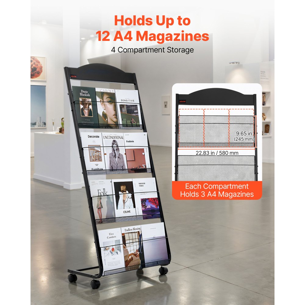 VEVOR Brochure Display Rack, 4-Tier Magazine Literature Display Stand with Wheels, Movable Floor Standing Magazine Rack, Heavy Duty Newspaper Catalog Holders for Shop Exhibitions Office Craft Fairs