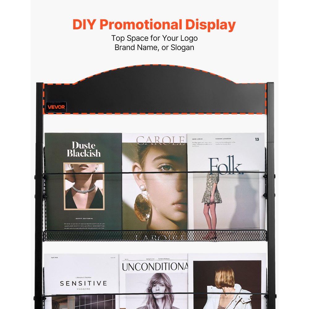 VEVOR Brochure Display Rack, 4-Tier Magazine Literature Display Stand with Wheels, Movable Floor Standing Magazine Rack, Heavy Duty Newspaper Catalog Holders for Shop Exhibitions Office Craft Fairs