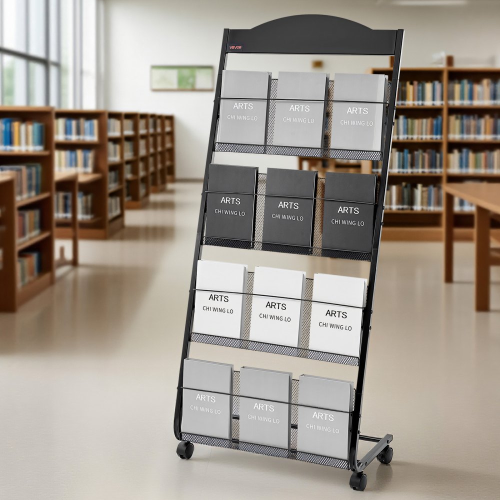 VEVOR Brochure Display Rack, 4-Tier Magazine Literature Display Stand with Wheels, Movable Floor Standing Magazine Rack, Heavy Duty Newspaper Catalog Holders for Shop Exhibitions Office Craft Fairs