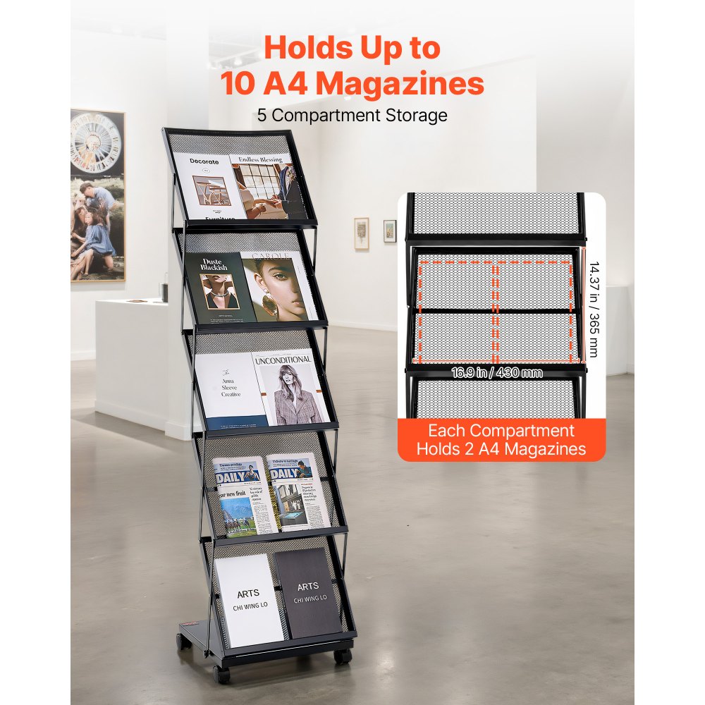 VEVOR Brochure Display Rack, Foldable 5 Pockets Magazine Literature Display Stand, Movable Floor Standing Magazine Rack with Wheels, Metal Newspaper Catalog Holders for Shop Exhibitions Office Show