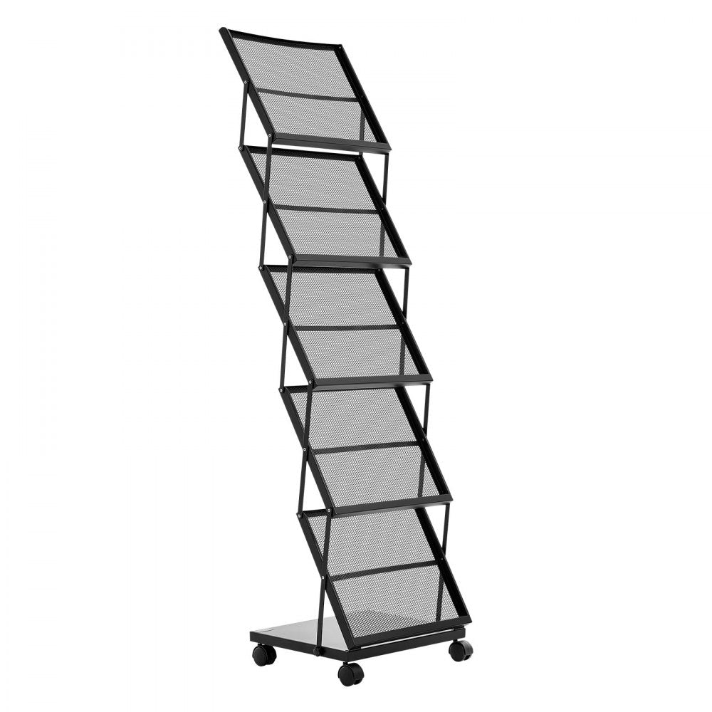 VEVOR Brochure Display Rack, Foldable 5 Pockets Magazine Literature Display Stand, Movable Floor Standing Magazine Rack with Wheels, Metal Newspaper Catalog Holders for Shop Exhibitions Office Show