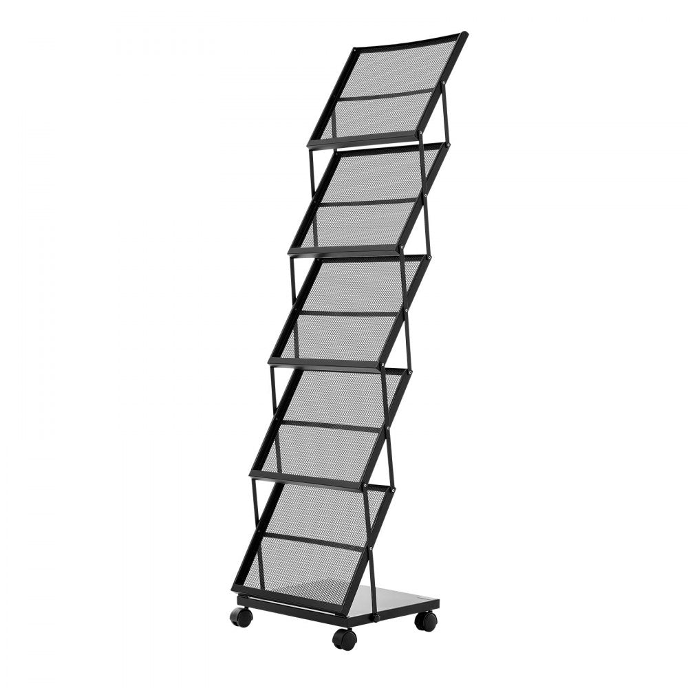 VEVOR Brochure Display Rack, Foldable 5 Pockets Magazine Literature Display Stand, Movable Floor Standing Magazine Rack with Wheels, Metal Newspaper Catalog Holders for Shop Exhibitions Office Show