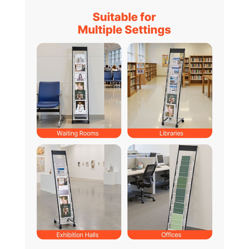 VEVOR Brochure Display Rack, Narrow 6-Tier Magazine Literature Display Stand with Wheels, Metal Floor Standing Magazine Rack, Movable Newspaper Catalog Holders for Shop Exhibitions Office (6 Pockets)