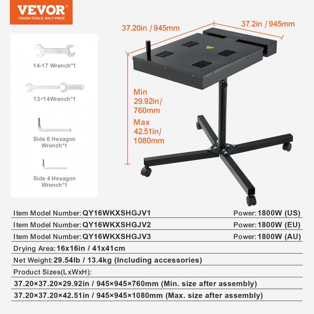 VEVOR Pro Flash Dryer 16x16 inch, Upgrade 1800W Flash Dryer for Screen Printing Machine, 0-750℉ Temperature Control, with Height Adjustable Stand, 360° Rotation, T-Shirt Curing Machine