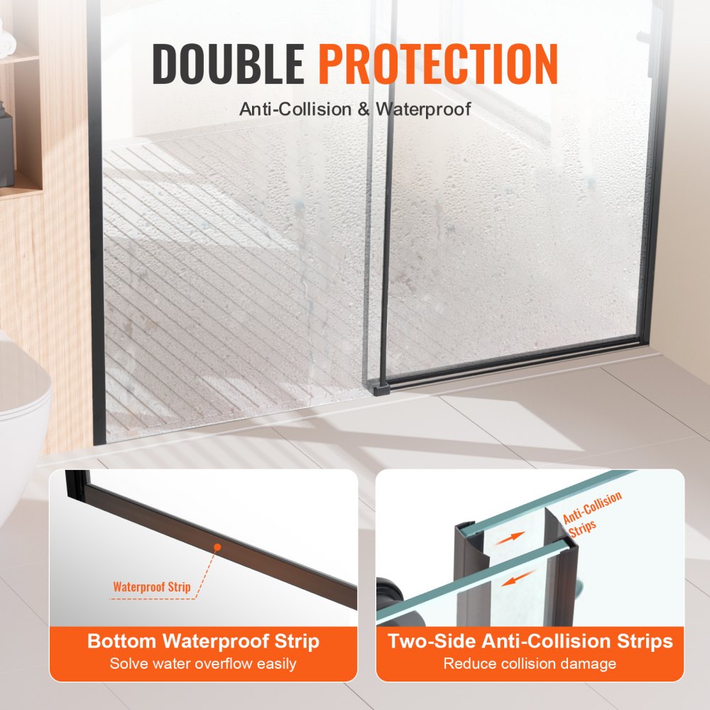 VEVOR Frameless Shower Door - Double Protection Seals and Anti-Collision Strips