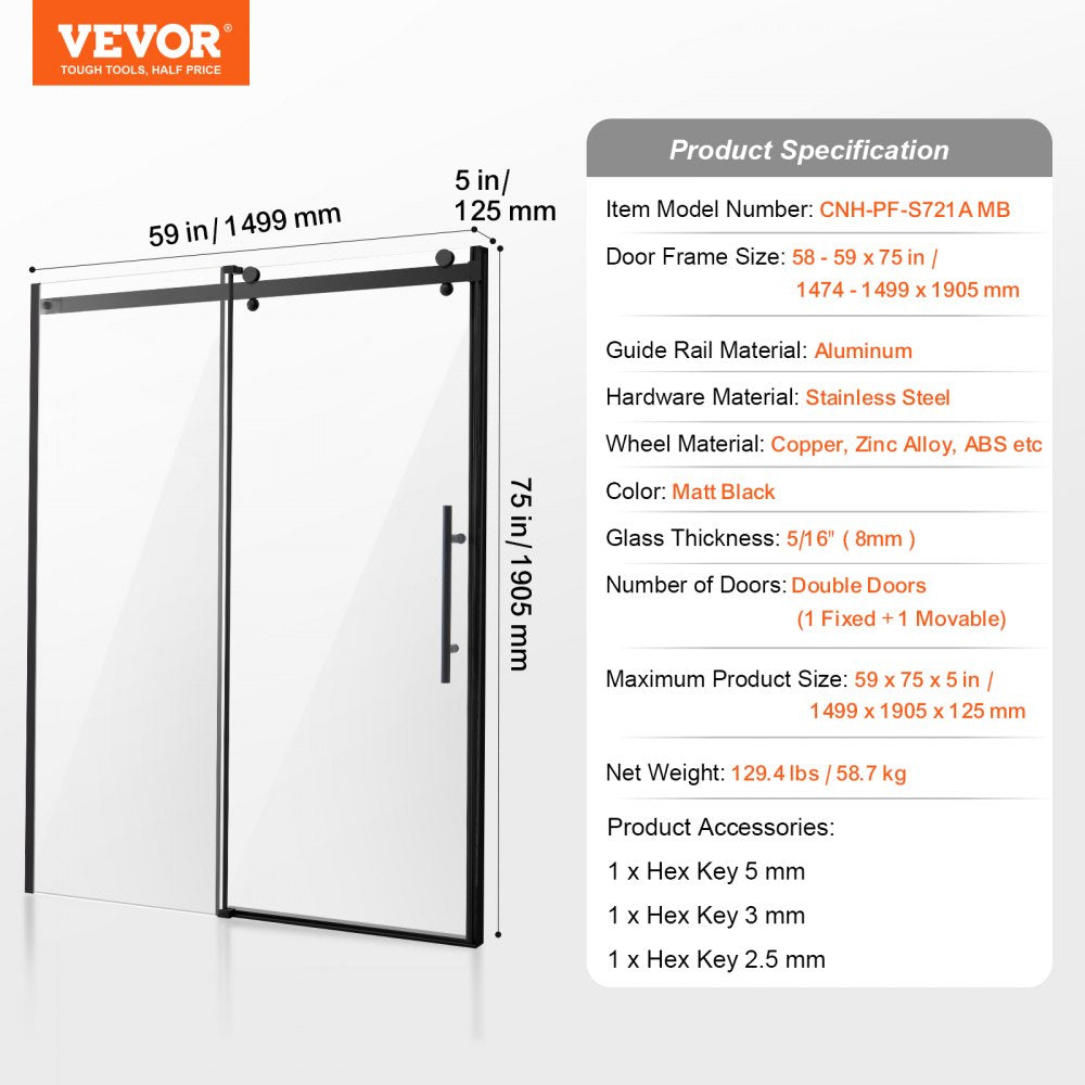 VEVOR Frameless Shower Door - Product Specifications Image