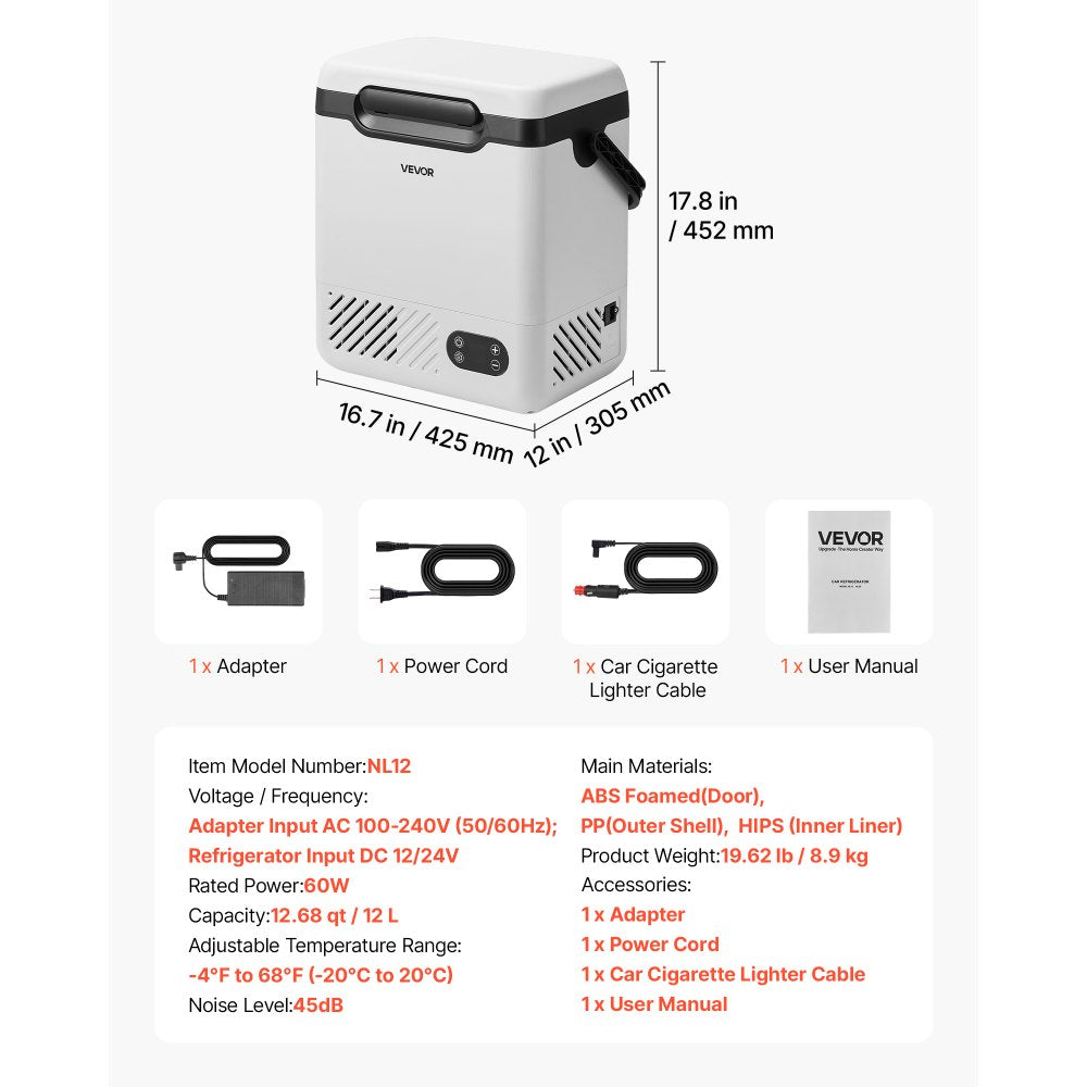 VEVOR 12 Volt Refrigerator, 12.68 QT/ 12L Car Fridge, Portable Electric Freezer Compressor with Handle, 12V/24V DC 100-240V AC, -4°F to 68℉/-20℃ to 20℃, for Truck Van RV SUV Boat Travel Camping