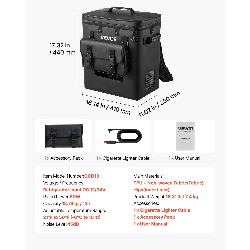 VEVOR 12 Volt Refrigerator, 13.7 QT/ 13L Car Fridge, Portable Electric Freezer Compressor, 12V/24V DC, 21℉ to 50℉/ -6℃ to 10℃, for Truck Van RV SUV Boat Travel Camping Road Trips