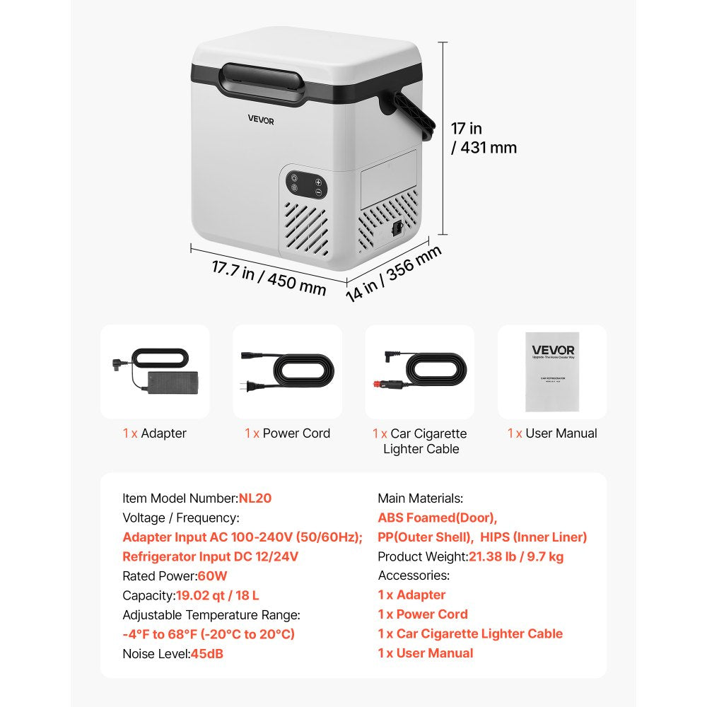 VEVOR 12 Volt Refrigerator, 19 QT/ 18L Car Fridge, Portable Electric Freezer Compressor with Handle, 12V/24V DC 100-240V AC, -4℉ to 68℉/ -20℃ to 20℃, for Truck Van RV SUV Boat Travel Camping