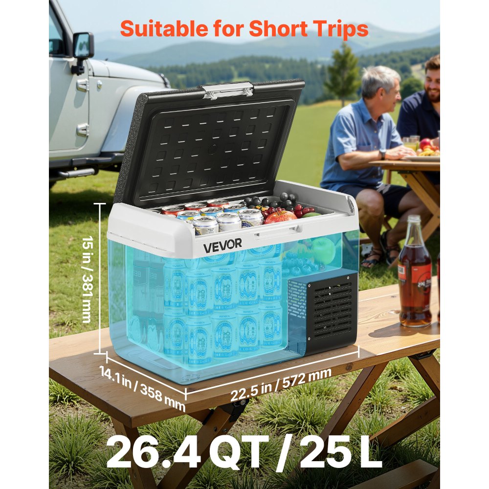 VEVOR 12 Volt Car Refrigerator, 26.4QT/25L Car Fridge, Portable Electric Cooler with -4℉~68℉ Adjustable Temperature, 12/24V DC and 100- 240V AC Compressor Freezer for Outdoor, Camping, Travel, RV