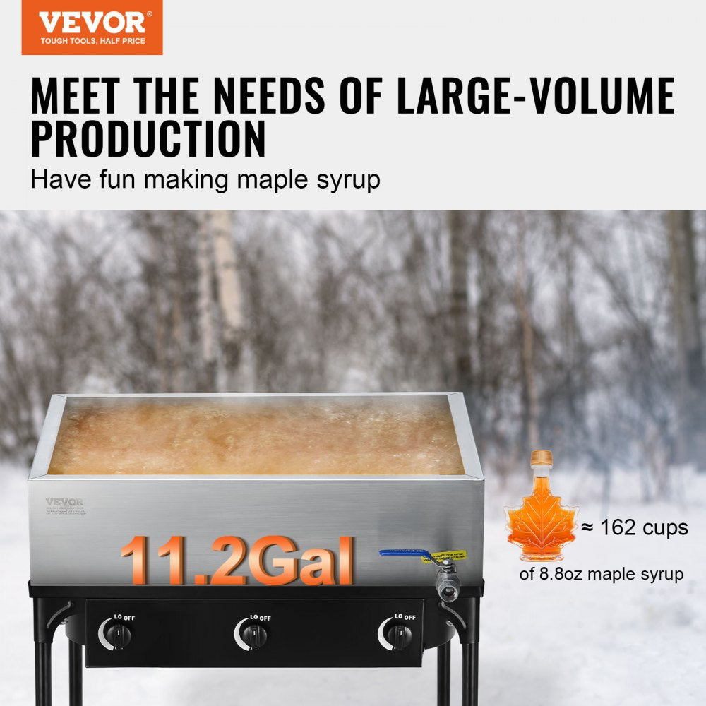 VEVOR Maple Syrup Evaporator Pan, 11.2 Gallon, 162 Cups of 8.8oz Maple Syrup, Flat Evaporator Pan with 1 Valve and 3 Heating Methods, 304 Stainless Steel Maple Syrup Pan for Home, Outdoor